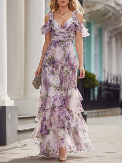 Robe longue Zafren lavande à fleurs et à volants superposés
