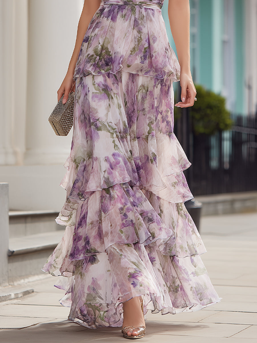 Robe longue Zafren lavande à fleurs et à volants superposés