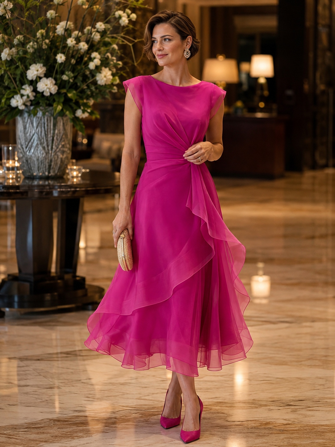 Robe Zafren à manches courtes et organza superposé