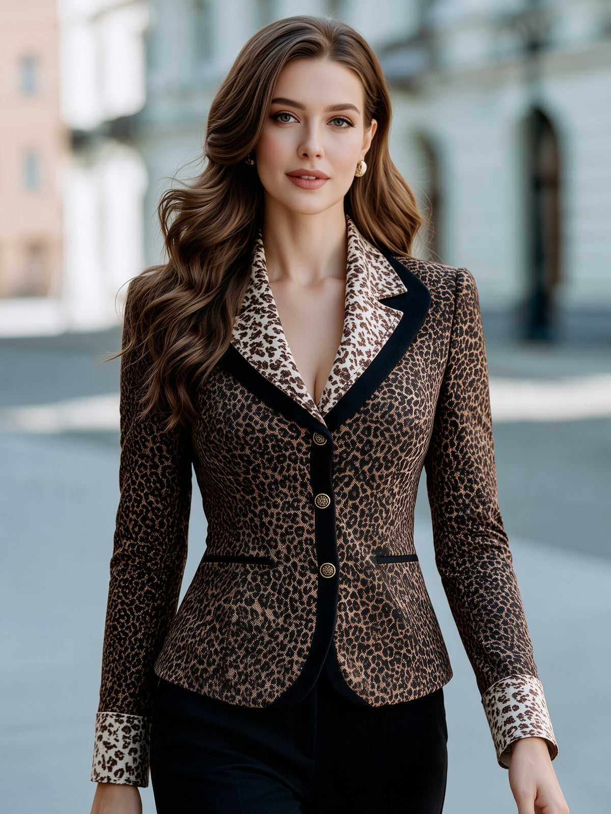 Zafren Blazer z leopardjim vzorcem in kontrastnimi reverji