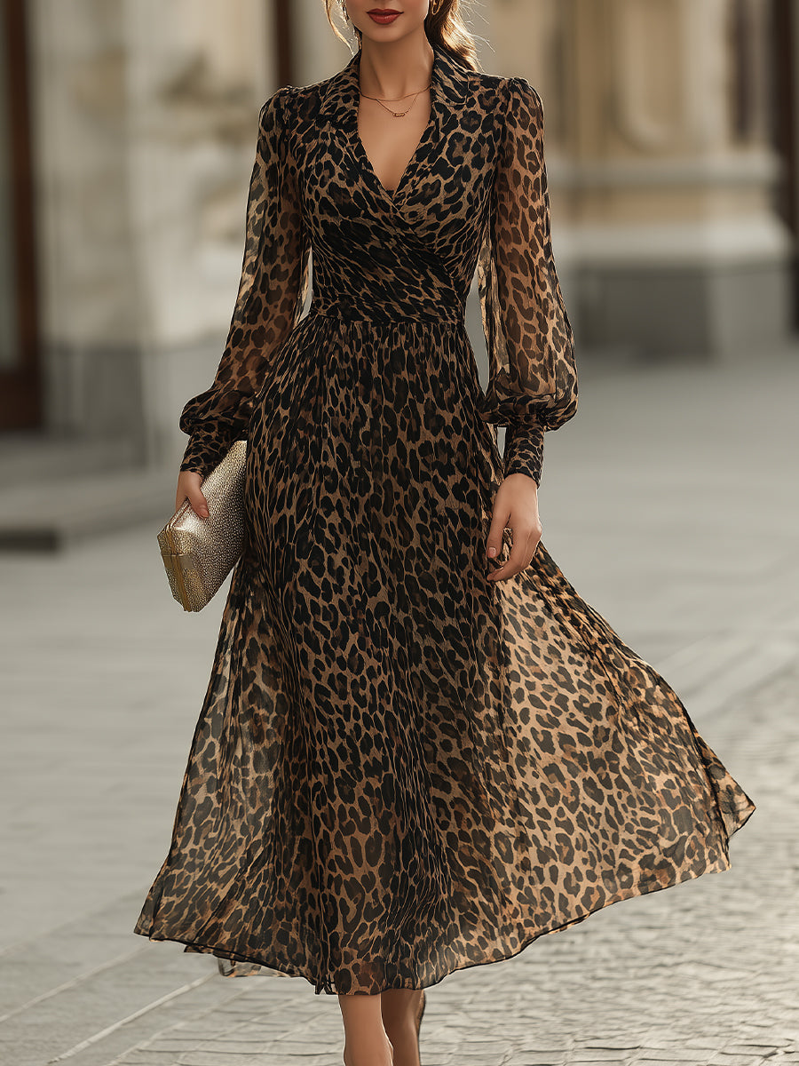 Robe portefeuille mi-longue à imprimé léopard Zafren