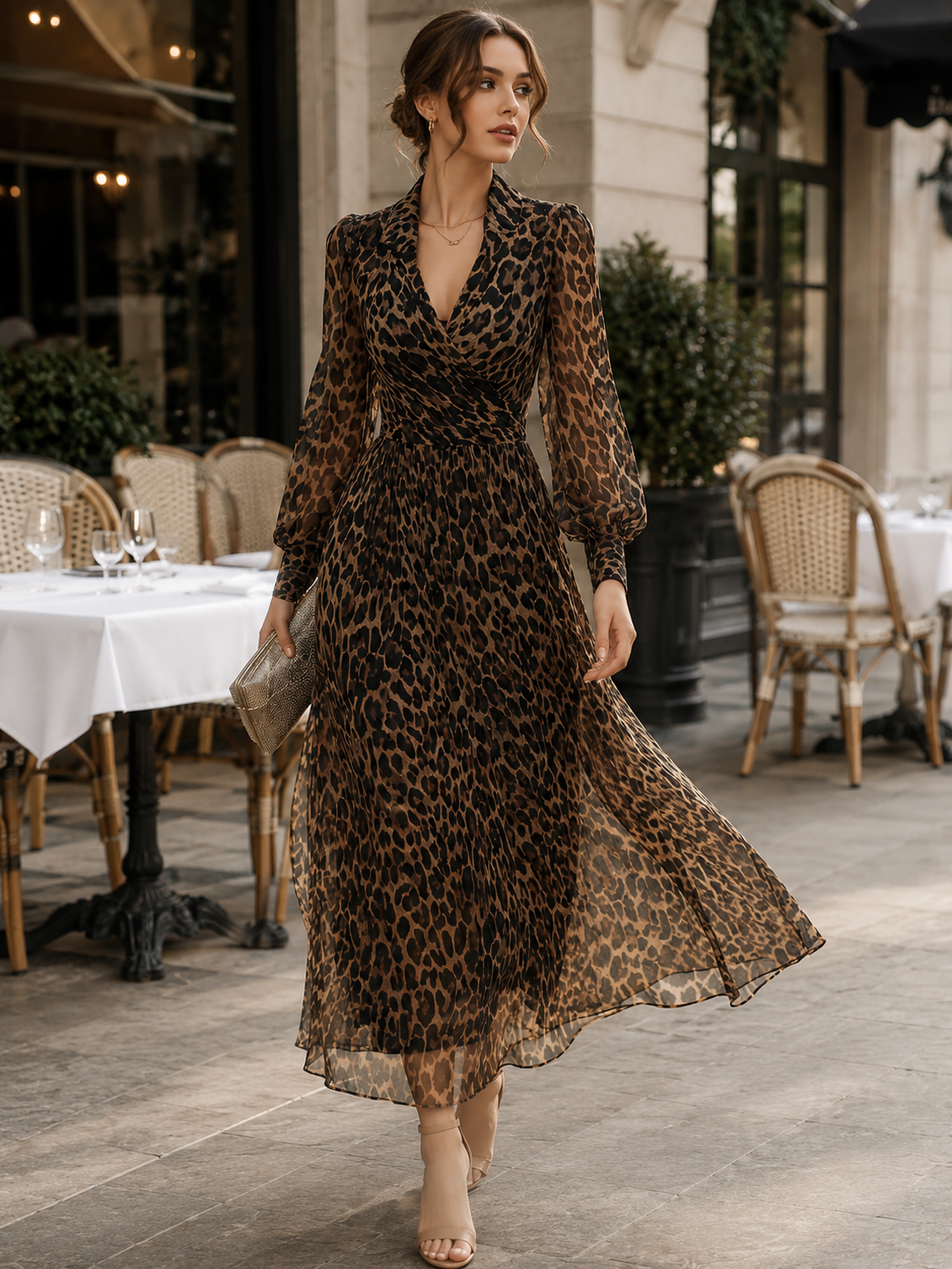 Robe portefeuille mi-longue à imprimé léopard Zafren