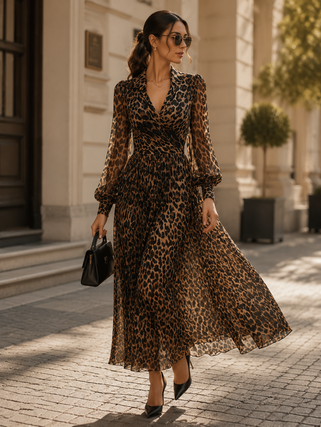 Robe portefeuille mi-longue à imprimé léopard Zafren