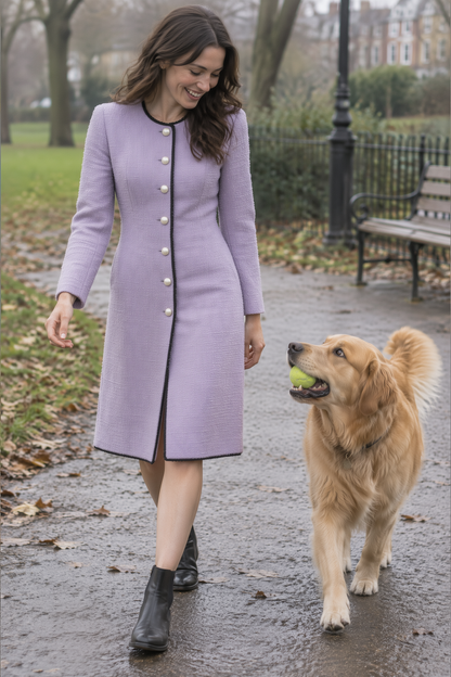 Cappotto Zafren in tweed color lilla con bottoni perlati