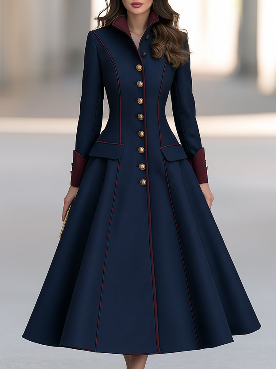 Cappotto Zafren blu navy a linea A con finiture bordeaux