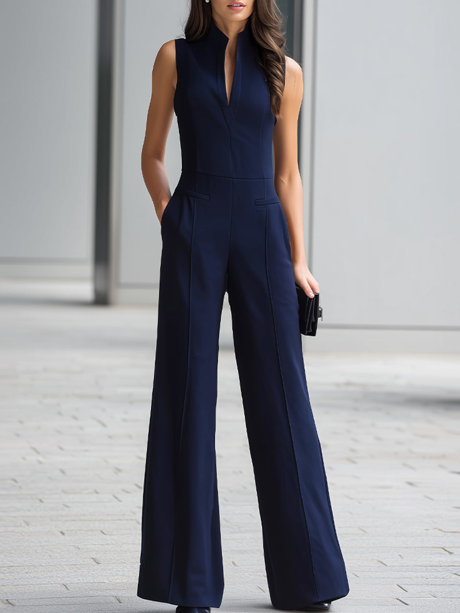 Jumpsuit blu navy a gamba larga con colletto alla coreana Zafren