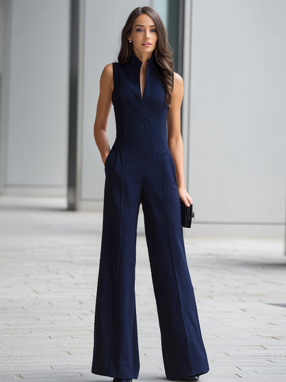 Jumpsuit blu navy a gamba larga con colletto alla coreana Zafren
