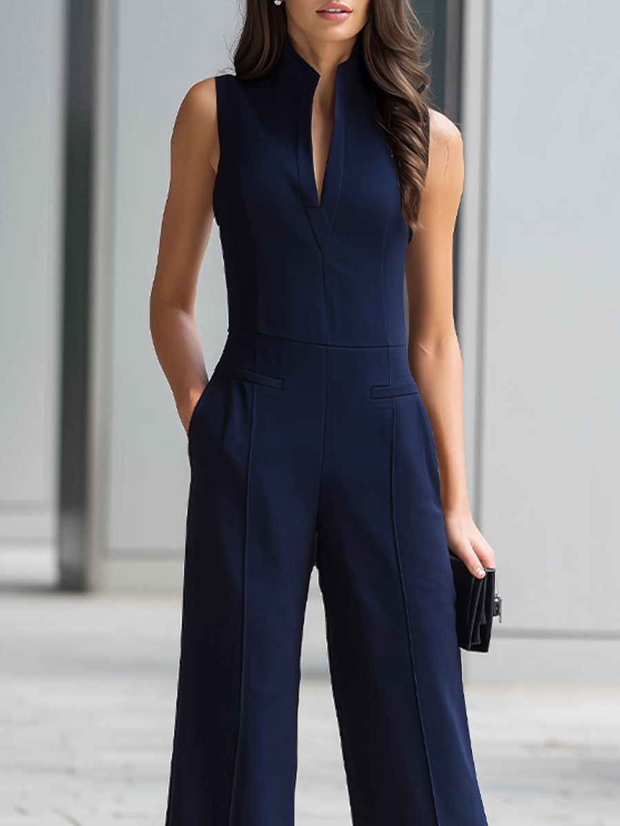 Jumpsuit blu navy a gamba larga con colletto alla coreana Zafren