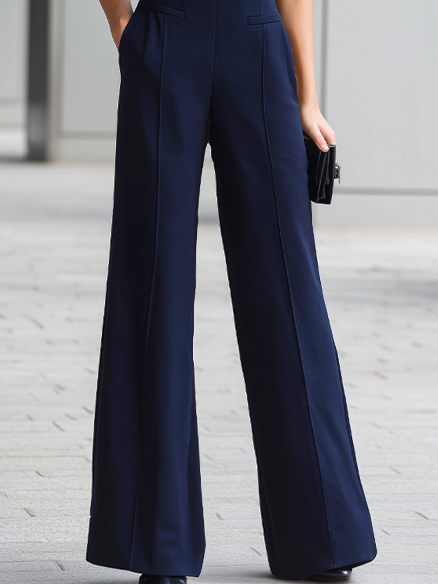 Jumpsuit blu navy a gamba larga con colletto alla coreana Zafren
