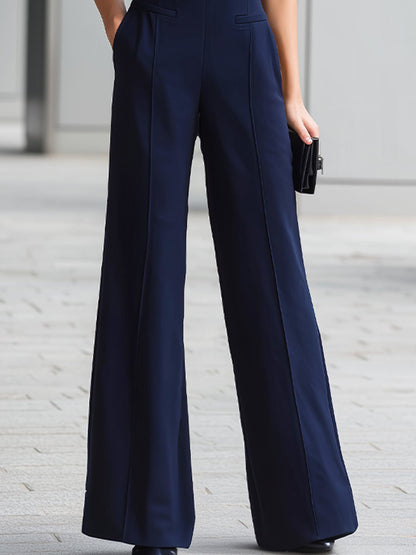 Jumpsuit blu navy a gamba larga con colletto alla coreana Zafren