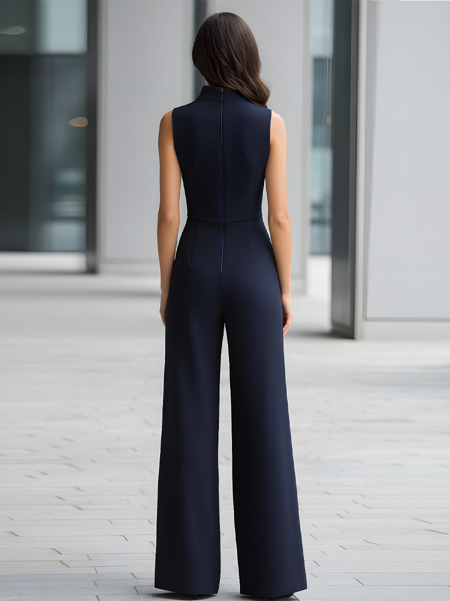 Jumpsuit blu navy a gamba larga con colletto alla coreana Zafren