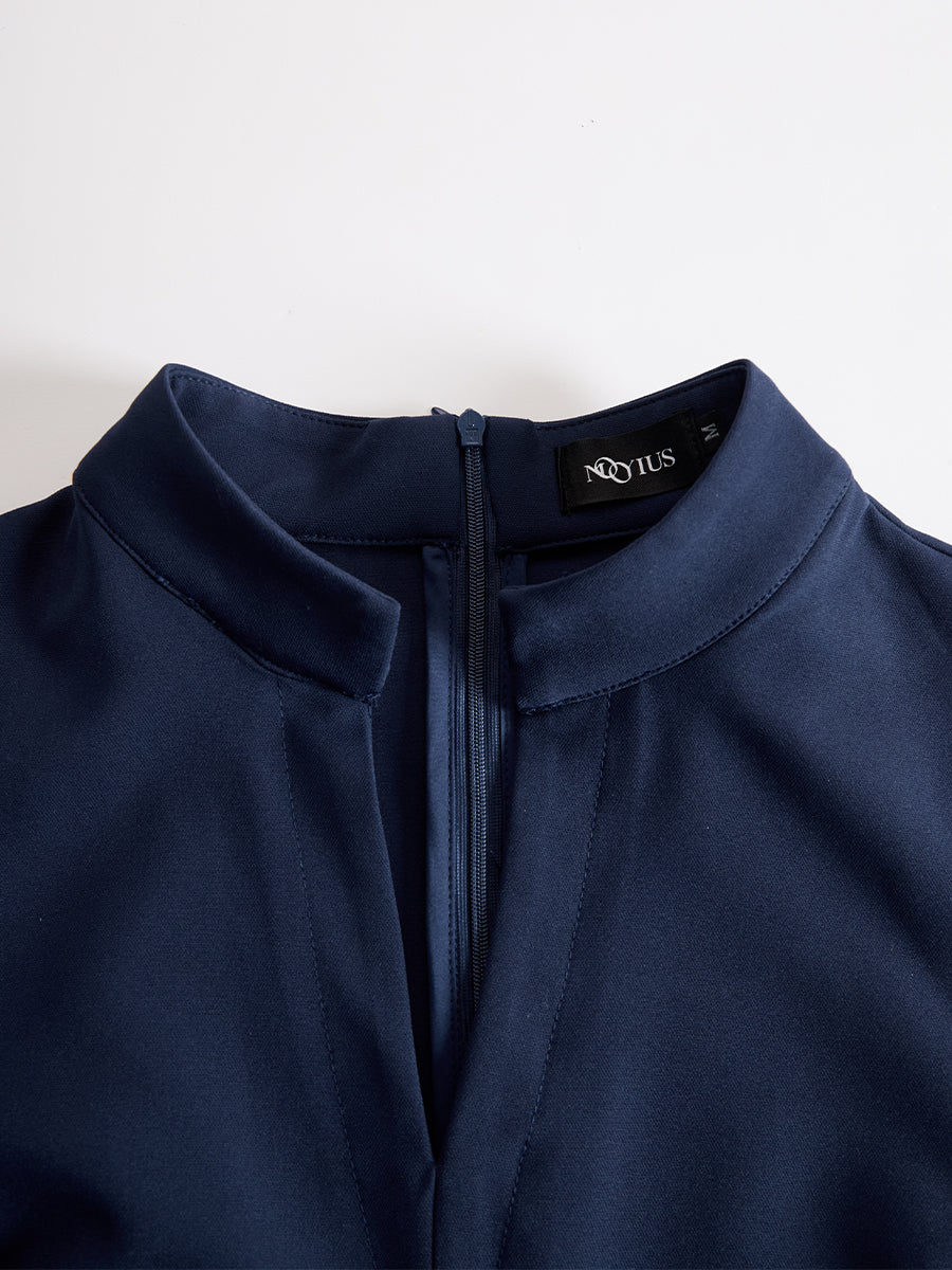 Jumpsuit blu navy a gamba larga con colletto alla coreana Zafren