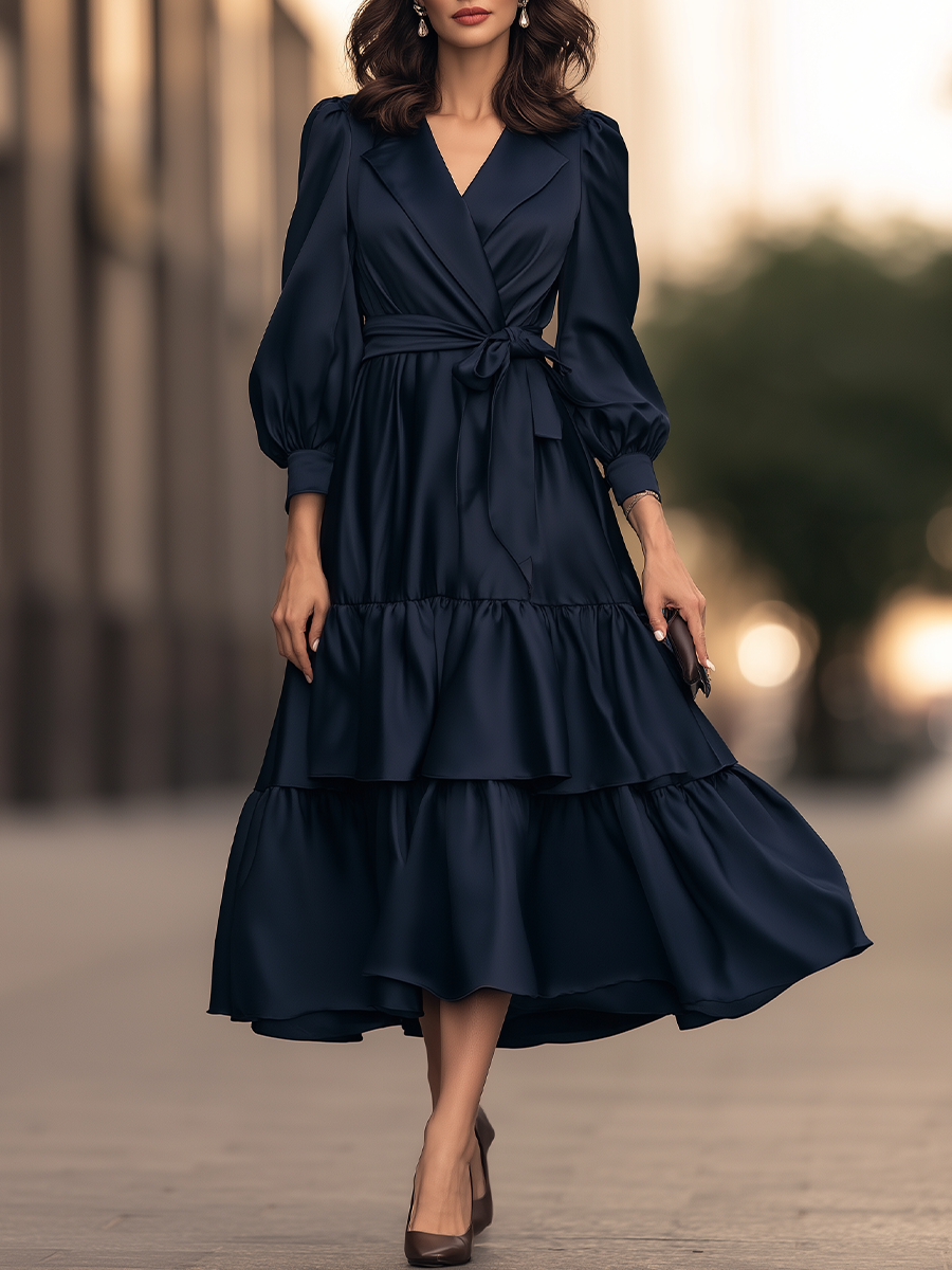Robe midi Zafren bleu marine portefeuille à volants étagés