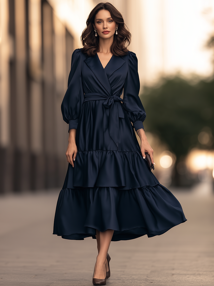 Robe midi Zafren bleu marine portefeuille à volants étagés