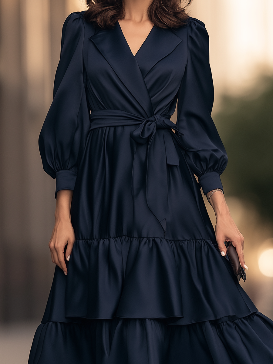 Robe midi Zafren bleu marine portefeuille à volants étagés