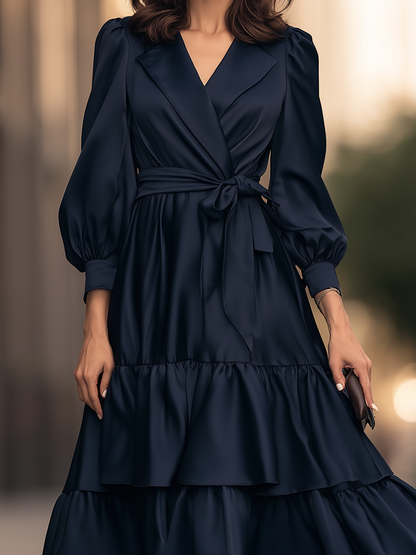 Robe midi Zafren bleu marine portefeuille à volants étagés