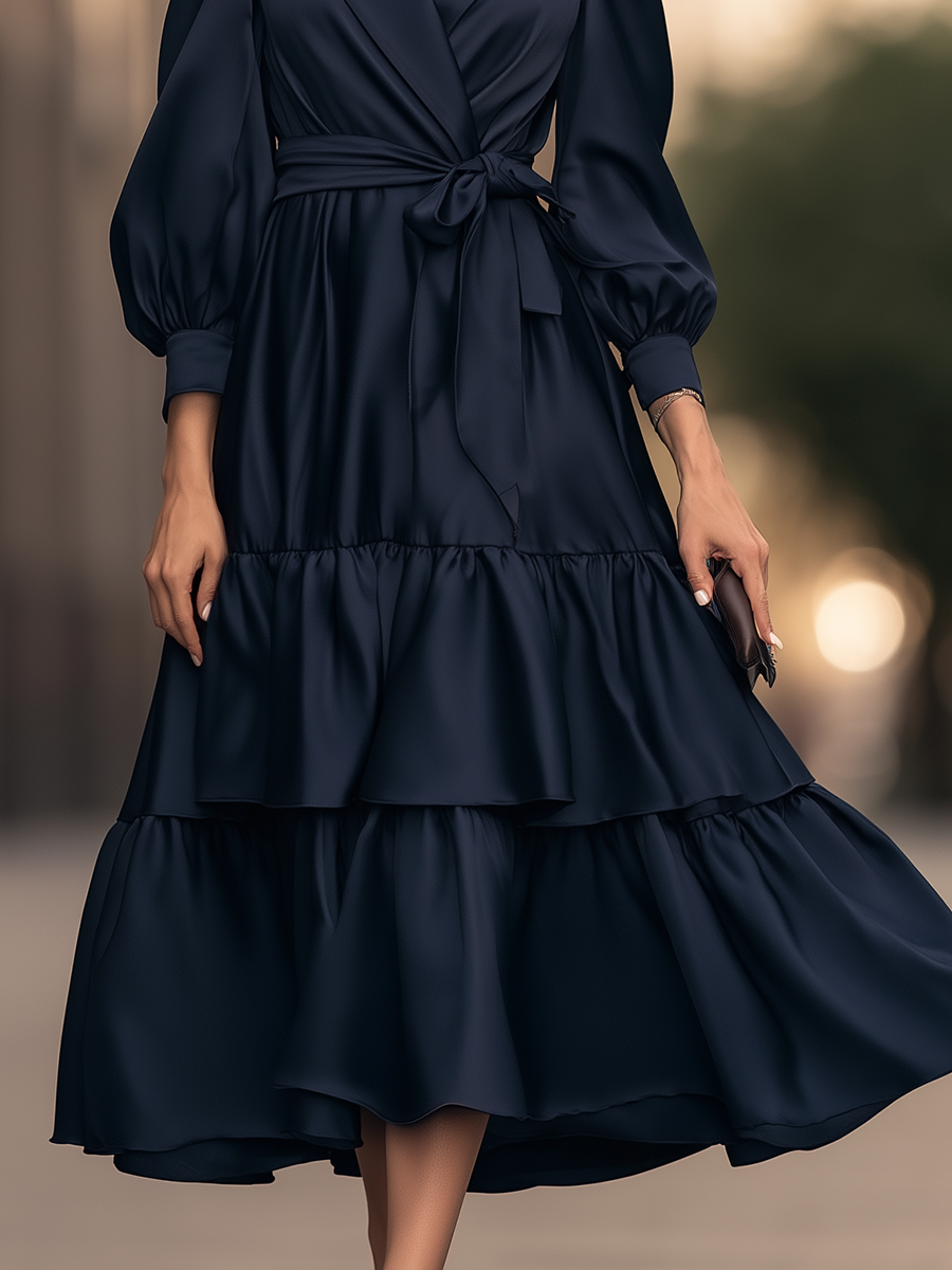 Robe midi Zafren bleu marine portefeuille à volants étagés