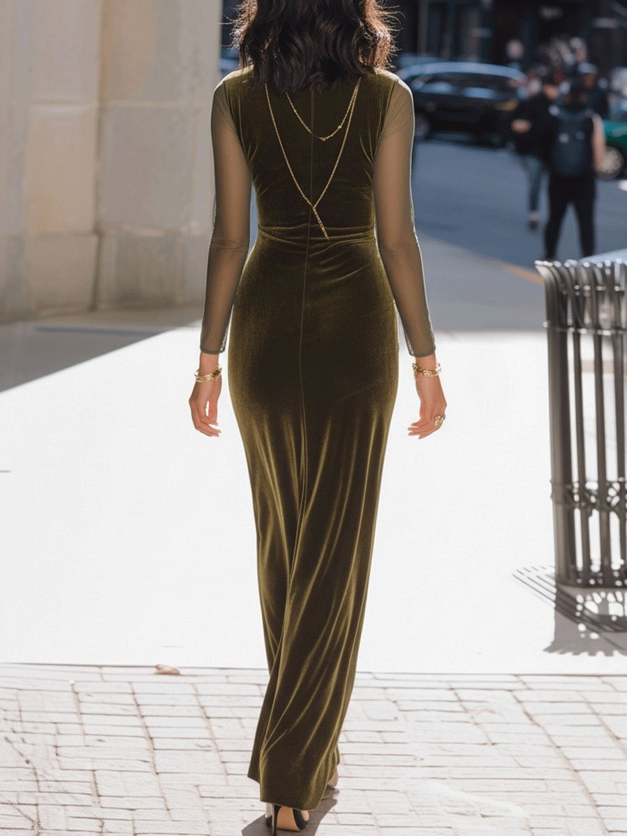 Robe longue olive en velours à manches transparentes Zafren