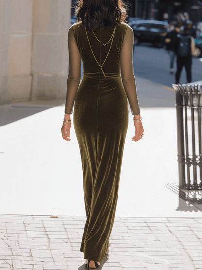 Robe longue olive en velours à manches transparentes Zafren