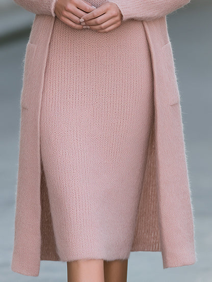 Completo Zafren con cardigan e abito midi rosa