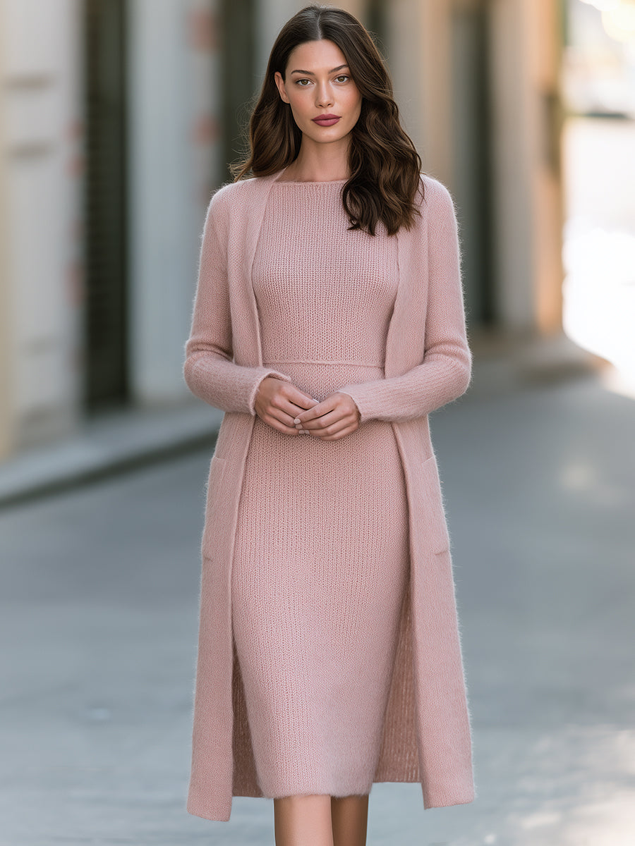 Completo Zafren con cardigan e abito midi rosa