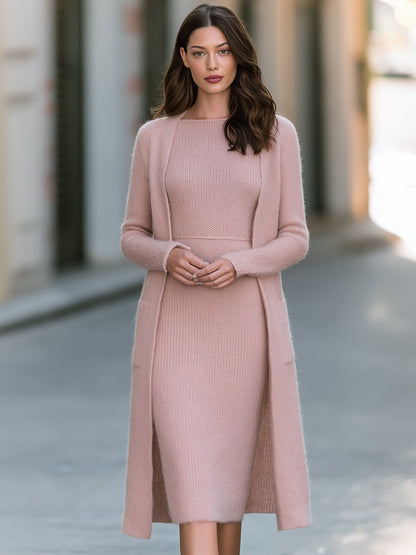 Completo Zafren con cardigan e abito midi rosa
