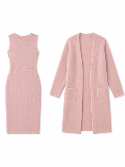 Completo Zafren con cardigan e abito midi rosa