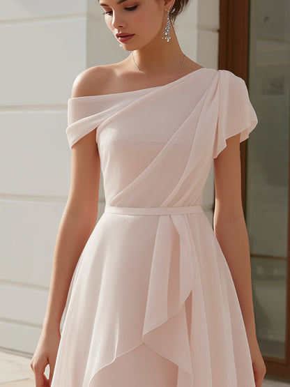 Robe Zafren rose en mousseline à une épaule et drapé