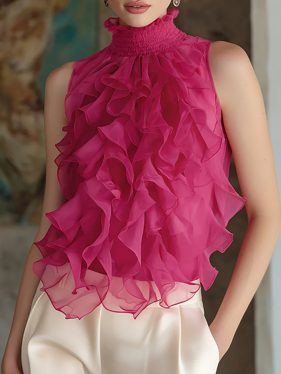 Blouse rose sans manches à volants sur le devant Zafren