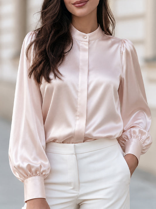 Zafren Pink Satin Stand Collar Blouse