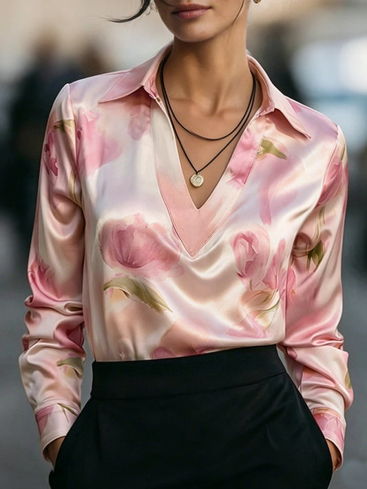 Zafren Pink Tulip Print Satin Blouse
