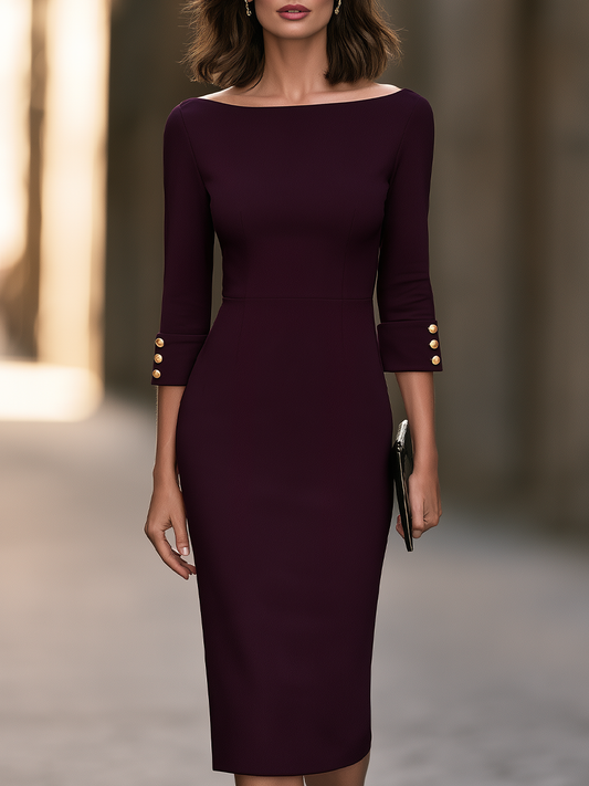 Zafren Plum Gold Button Midi Dress