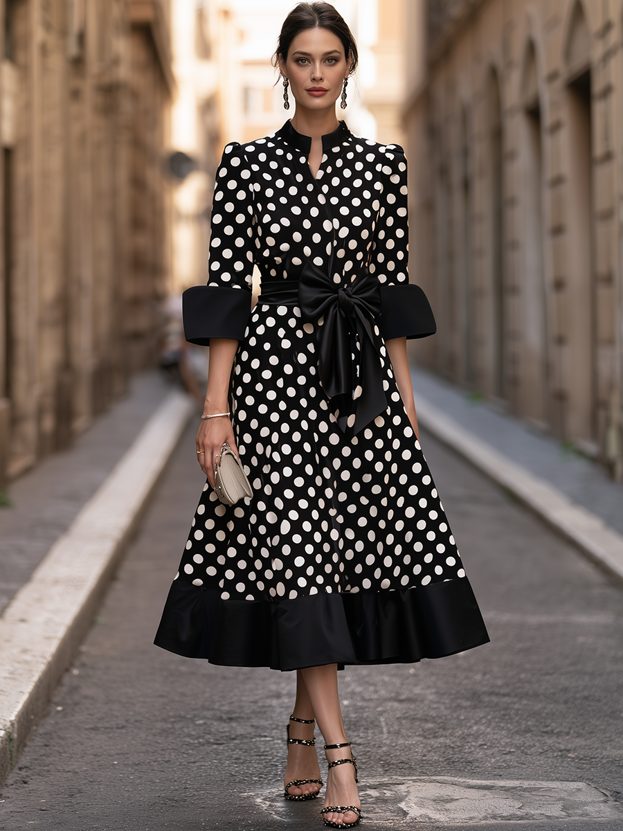 Robe midi Zafren à pois avec nœud à la taille