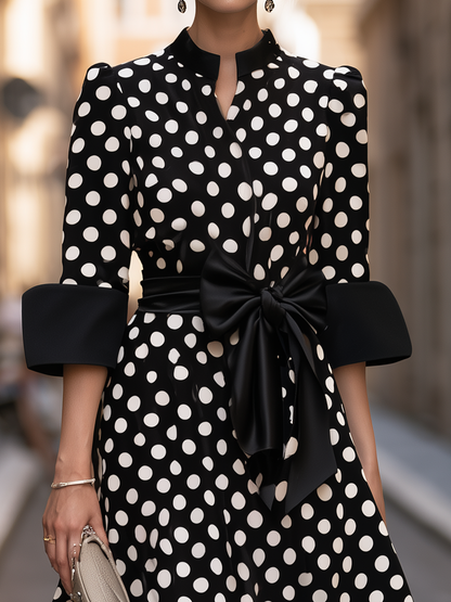 Robe midi Zafren à pois avec nœud à la taille