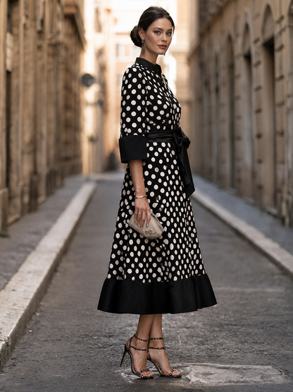 Robe midi Zafren à pois avec nœud à la taille