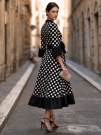 Robe midi Zafren à pois avec nœud à la taille