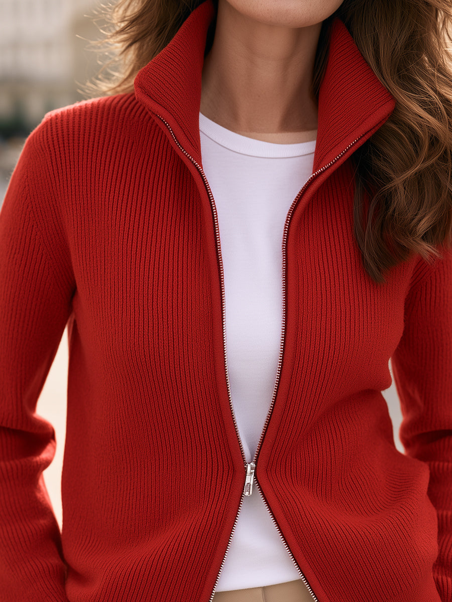 Cardigan rosso Zafren con doppia zip e colletto alla coreana