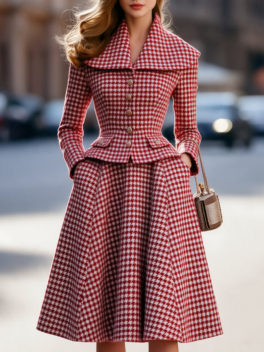Zafren Red Houndstooth Peplum Skirt Set