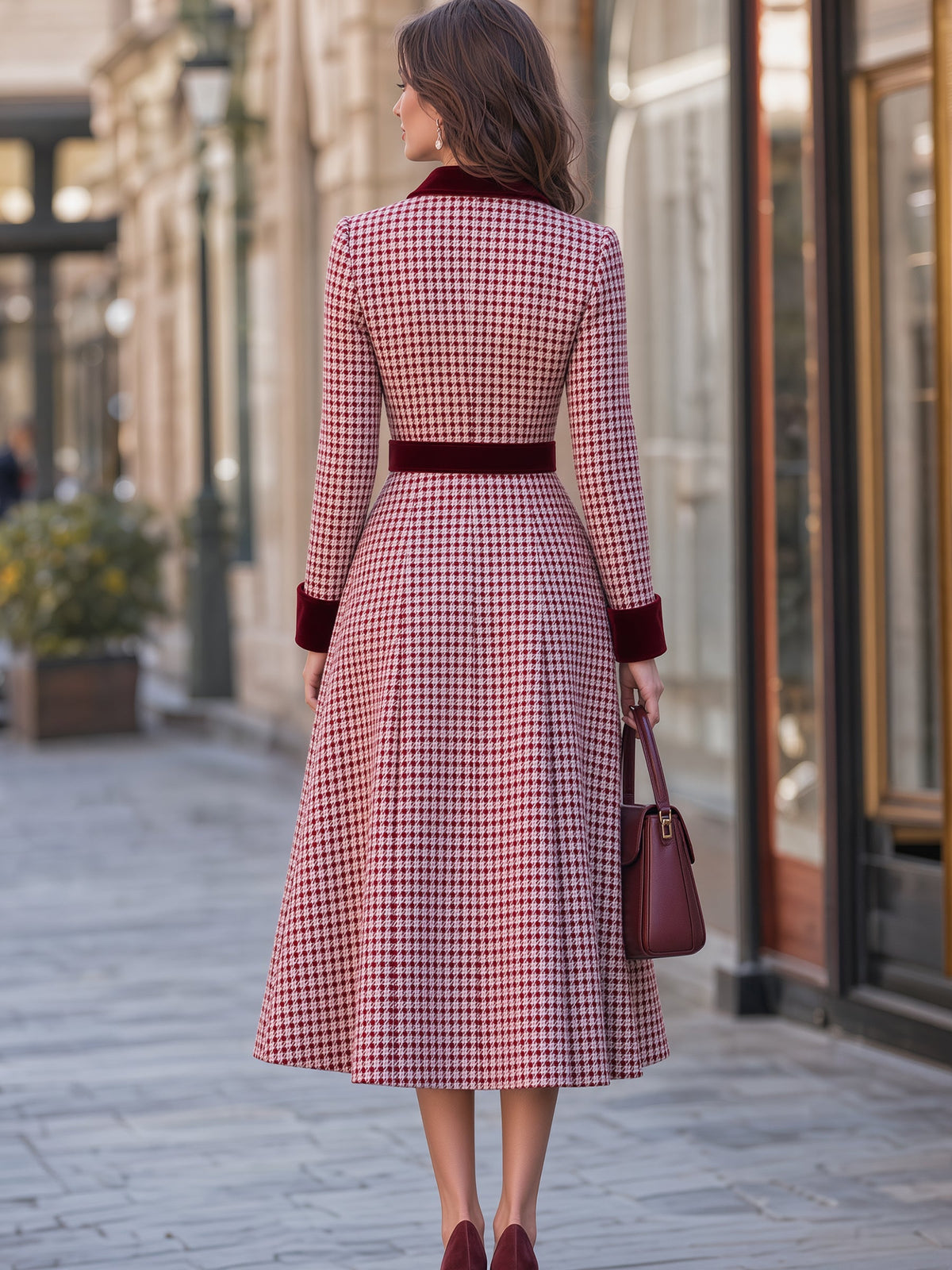 Robe Zafren rouge à motif pied-de-poule et bordures en velours