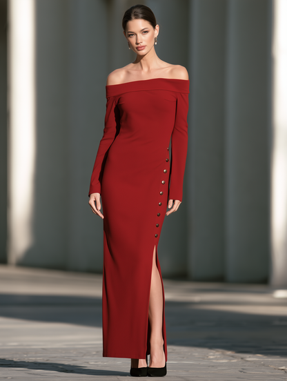 Zafren Red Off-Shoulder Button Maxi Dress