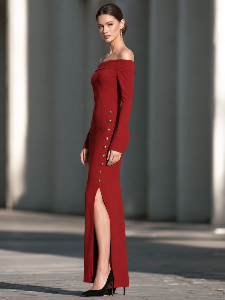 Zafren Red Off-Shoulder Button Maxi Dress