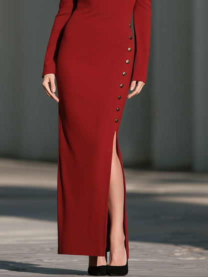 Zafren Red Off-Shoulder Button Maxi Dress
