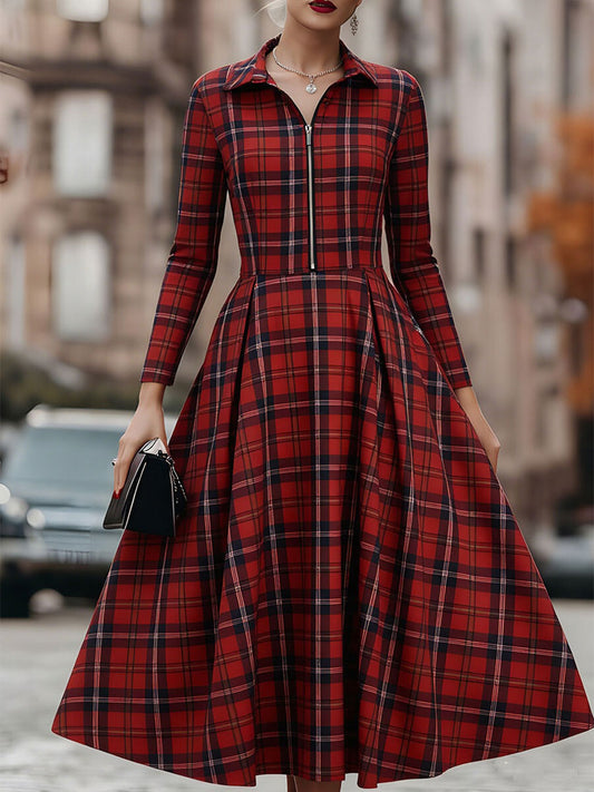 Zafren Red Plaid Zip-Front Midi Dress