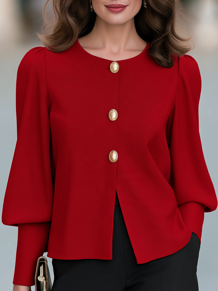 Blusa rossa Zafren con maniche a sbuffo e bottoni