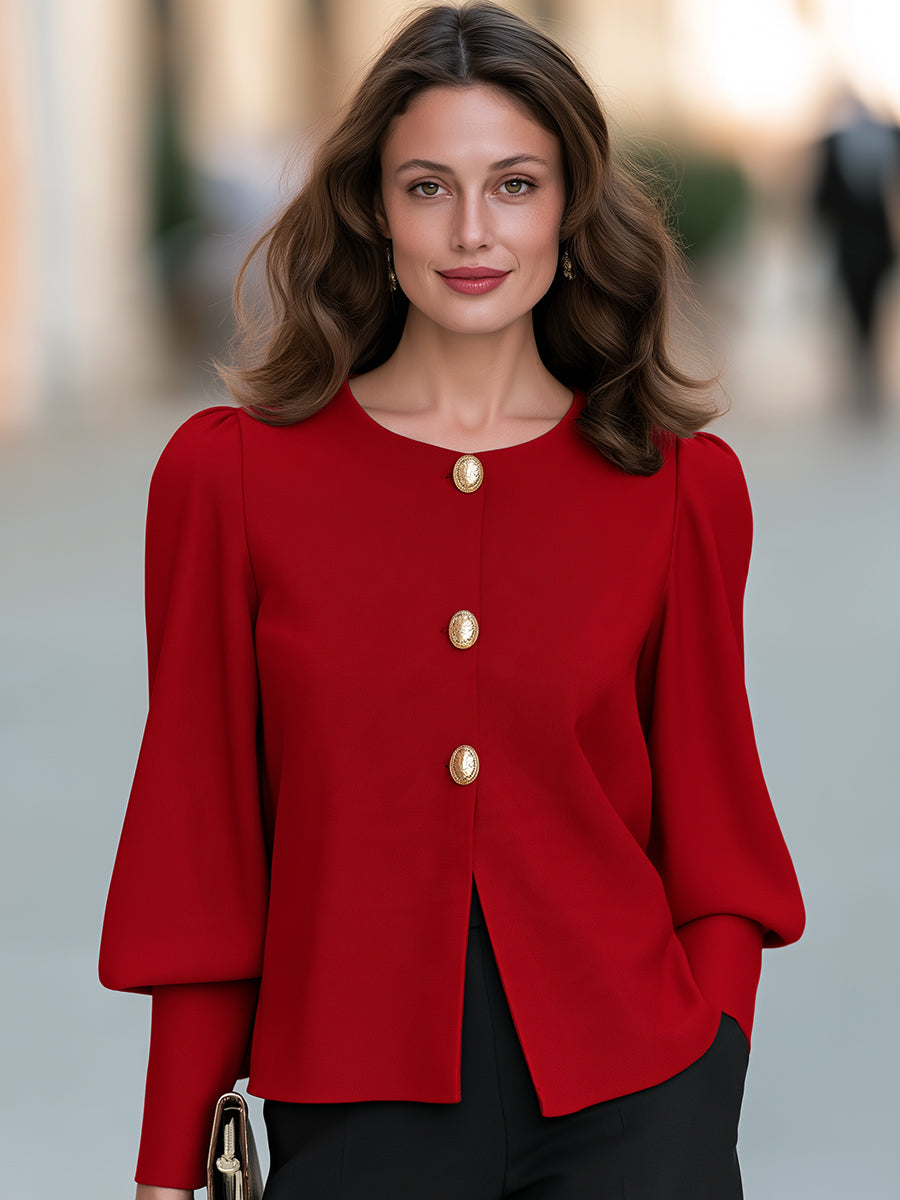 Blusa rossa Zafren con maniche a sbuffo e bottoni