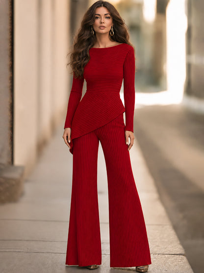Zafren piros, bordázott peplum nadrágkosztüm