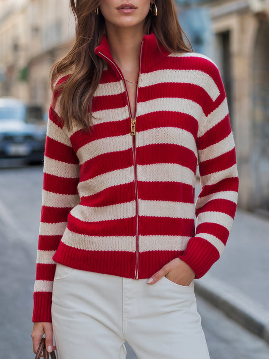 Zafren Red Striped Zip-Up Cardigan