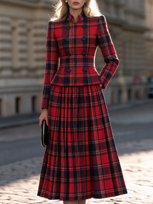 Zafren Red Tartan Pleated Skirt Set