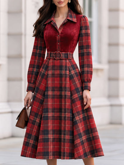 Zafren Red Tartan Velvet Midi Dress