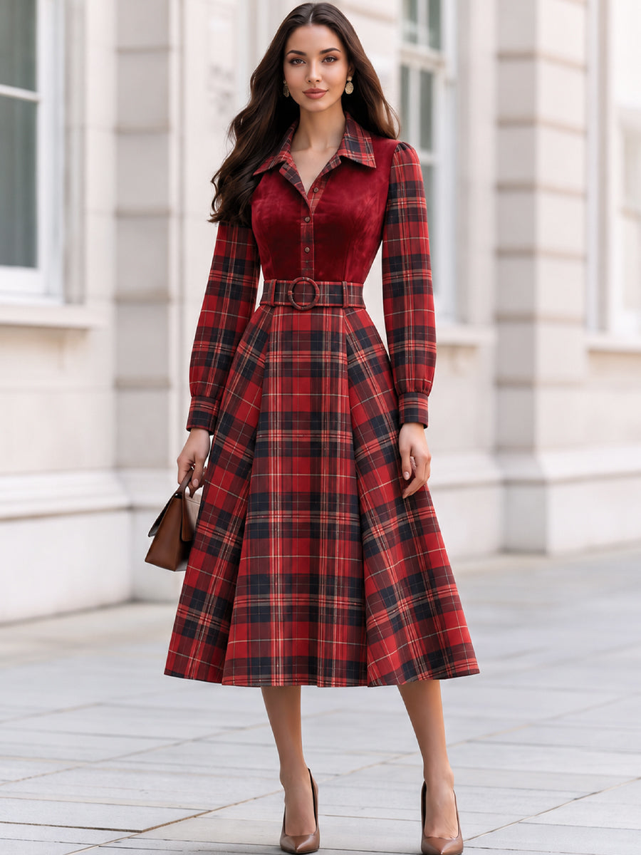 Zafren Red Tartan Velvet Midi Dress